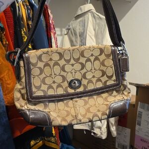 Coach Beige and Dark Brown Monogram Bag 2 way turnlock